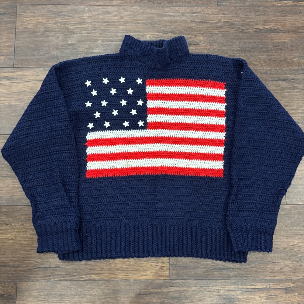 Handmade Hand Knit American Flag Sweater, Mock Neck, Navy Size XL/XXL